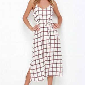 Plaid Attitude Cream Plaid Check Gingham Print Midi Dress